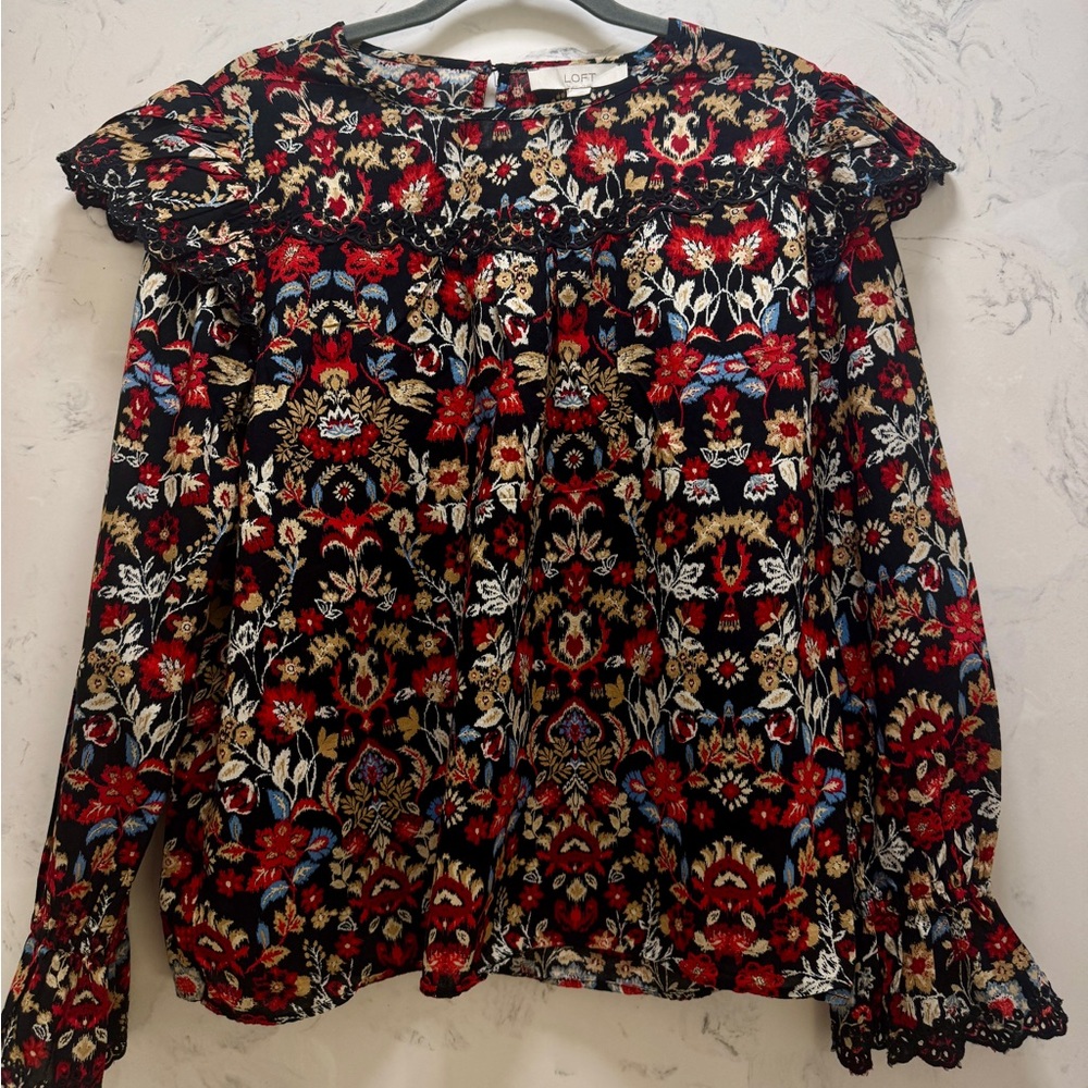 LOFT Black and Red Floral Blouse